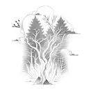 A mystical forest with lightning bolts illuminating the trees and a serene meditating figure in the center tattoo design idea