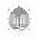 A mystical forest with lightning bolts illuminating the trees and a serene meditating figure in the center tattoo design idea