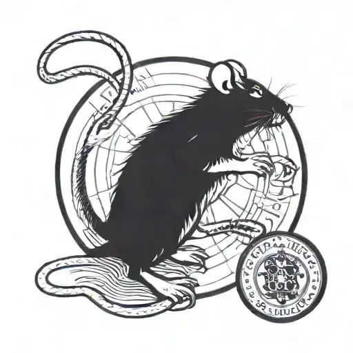 a rat standing on its hind legs, with a callaghan ring lying on the ground to the right. and a police badge on the left tattoo design idea