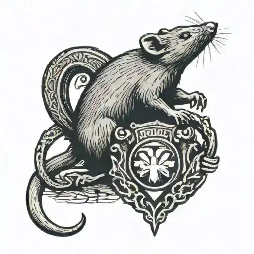 a rat standing on its hind legs, with a claddagh ring lying on the ground to the right. and a police badge on the left tattoo design idea