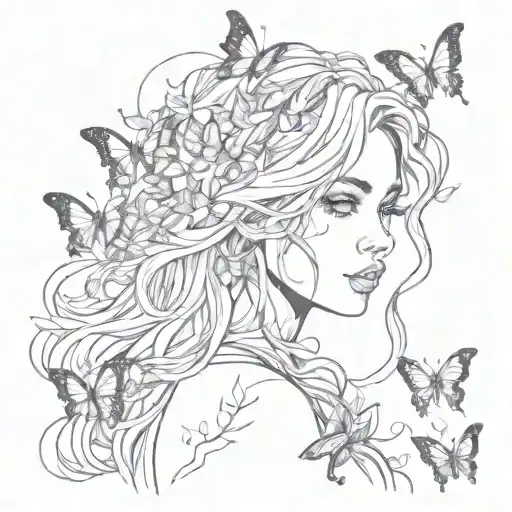 girl with fiery hair, butterflies on her hair tattoo design idea