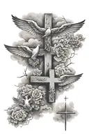 three crosses 2 names written doves flying clouds surrounding tattoo design idea