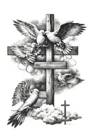 three crosses 2 names written doves flying clouds surrounding tattoo design idea