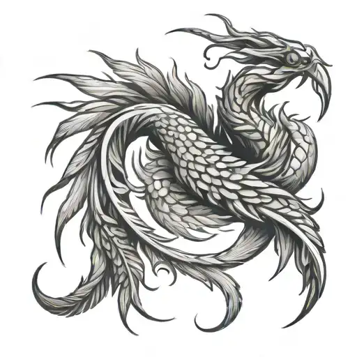 A phoenix feather transforming into a scorpion tail, symbolizing the transformation and evolution of artistic expression tattoo design idea
