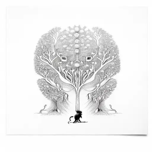 Tree of Life with hands holding everything together with 4 lions tattoo design idea