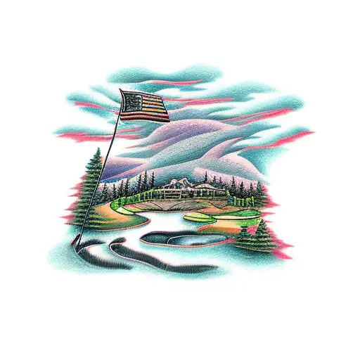 An outdoor landscape with a golf course winding through a historical city tattoo design idea