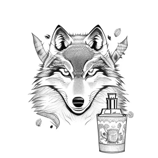 A stylish wolf dressed in fashionable clothes, holding a coffee cup and surrounded by perfume bottles tattoo design idea