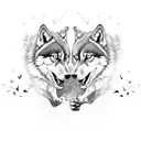 A fierce kickboxing match between two wolves, surrounded by a cloud of whiskey vapor tattoo design idea