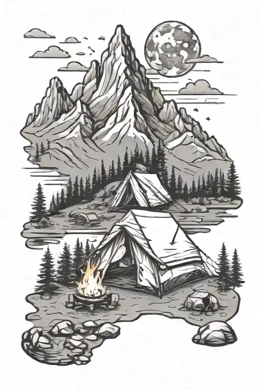 A detailed camping scene with a tent, campfire, and mountains in a dotwork style tattoo design idea