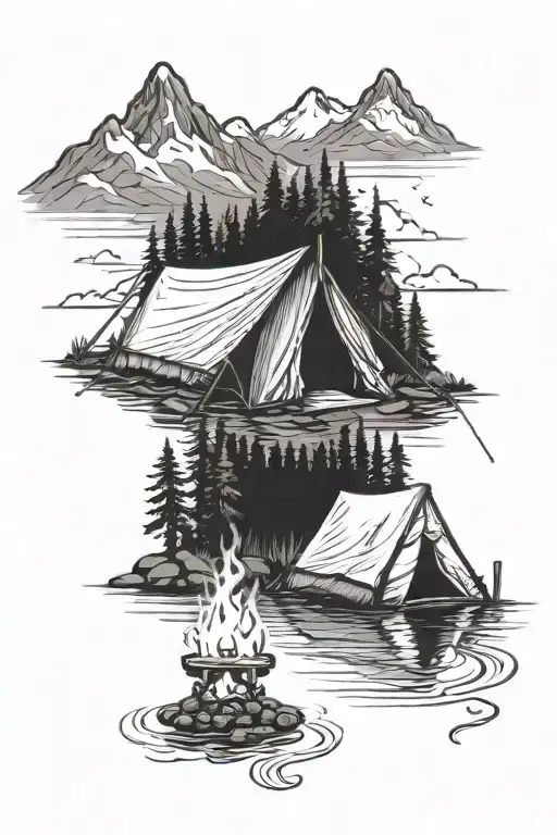 A detailed camping scene with a tent, campfire, and mountains, and a creek with a rainbow trout jumping out of it tattoo design idea