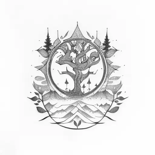 A dotwork tattoo of a mystical forest with hidden magical symbols tattoo design idea
