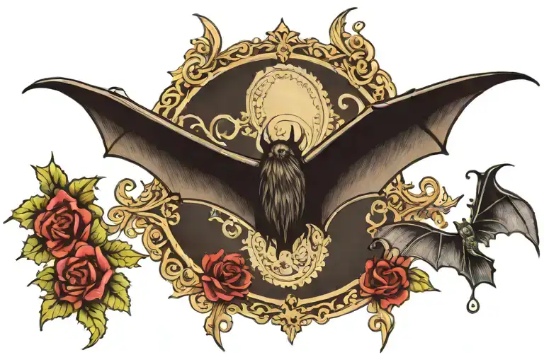 bat hanging in the middle, underbust, lace, gem stones tattoo design idea