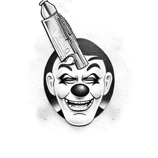 A tattoo of a clown holding a gun and smiling tattoo design idea