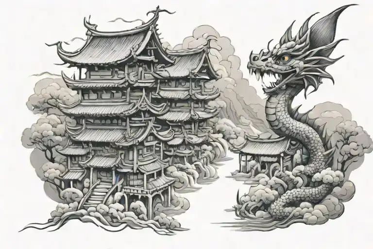 rainy village in asia dragon tattoo design idea