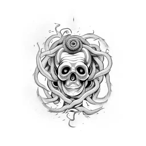female half face skull medusa tattoo design idea