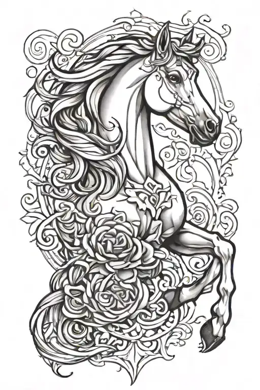 Make a black and white greyscale horse tattoo sleeve design with neo traditional style tattoo design idea