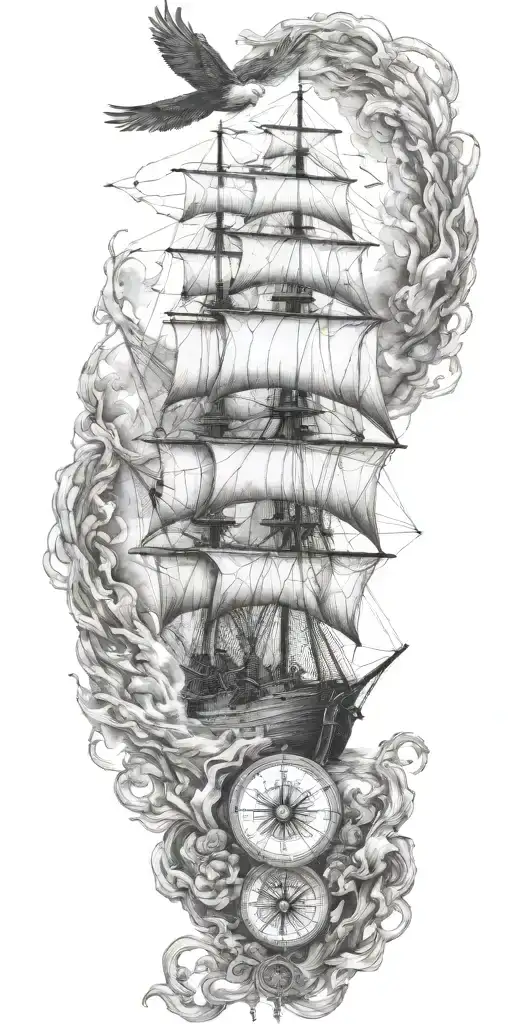 burning ship incorporate compass incorporate knot incorporate eagle tattoo design idea