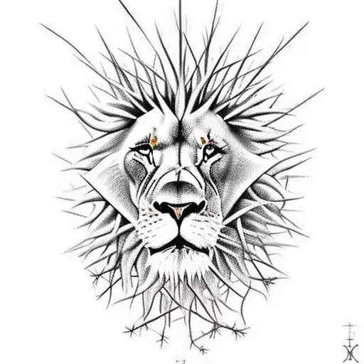 A Lion head with a crown of thorns above the crucifixion  tattoo design idea