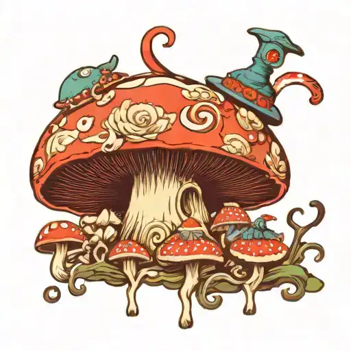 trippy mushroom alice in wonderland tattoo design idea