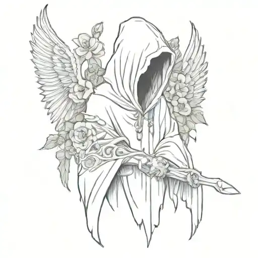 grim reaper with hood with wings and flowers tattoo design idea
