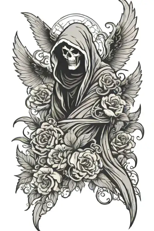 grim reaper no face with wings and flowers tattoo design idea