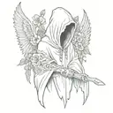 grim reaper with hood with wings and flowers tattoo design idea