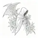 grim reaper with hood with wings and flowers tattoo design idea