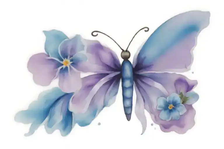 forget me not butterfly and purple ribbon fine line tattoo design idea