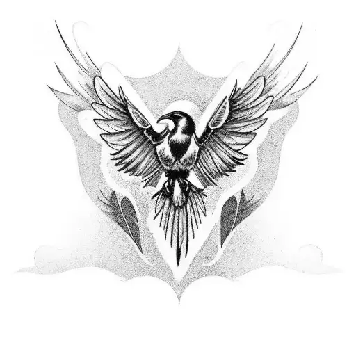 Neck tattoo, raven with outstretched wings that tapers off into a chest piece. Blackwork. Moderately detailed. tattoo design idea