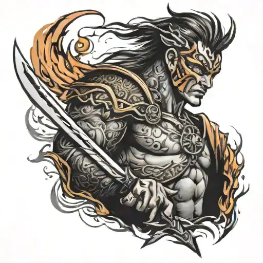 A fierce warrior with fiery eyes and dramatic energy, showcasing their power and intensity tattoo design idea
