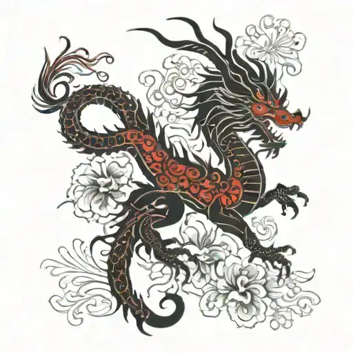 Abstract chinese dragon with lycoris flowers in black and red color scheme. tattoo design idea