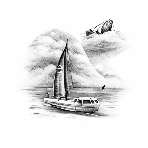 A sailboat kiteboarding and a computer place into a big witch cooking pot tattoo design idea