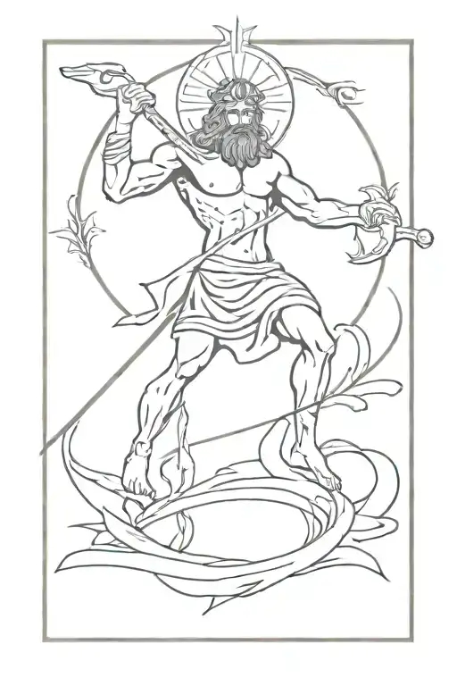 cross with poseidon around, water, greek mythology tattoo design idea