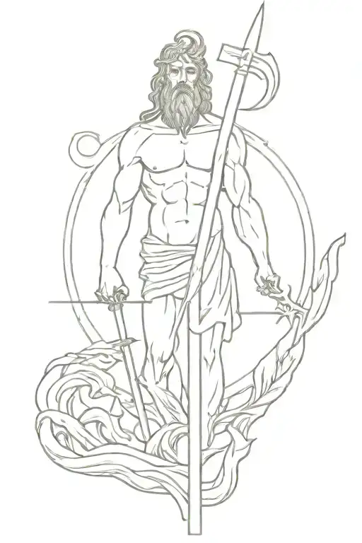 cross with poseidon around, water, greek mythology tattoo design idea