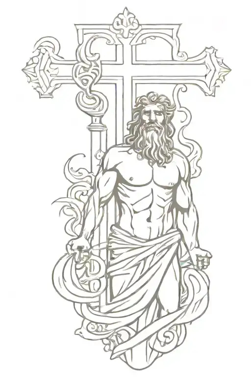cross with poseidon around, water, greek mythology tattoo design idea