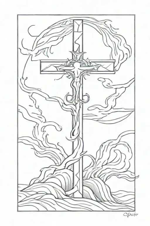 big cross, poseidon, water, greek mythology tattoo design idea