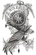 compass and hawk head and number tattoo design idea