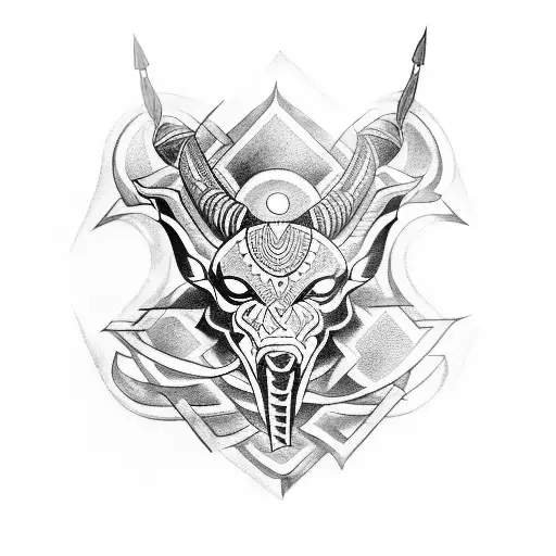 Partially tribal tattoo that has deep mysterious meaning and combines figures of minotaur, snake, sharingan and ace  tattoo design idea