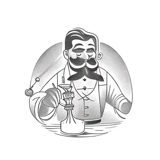 A traditional tattoo of a bartender shaking a cocktail shaker, with barspoons and various cocktail ingredients in the background tattoo design idea