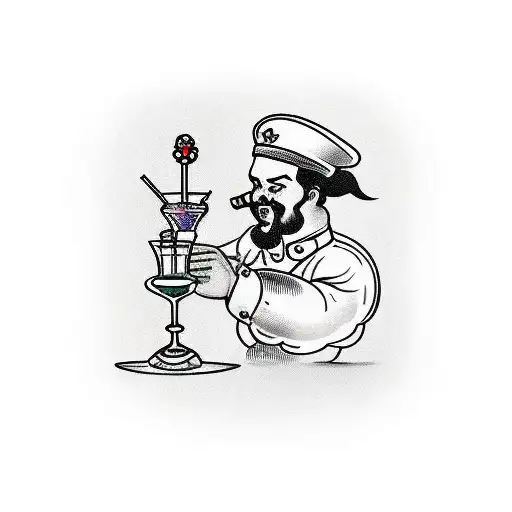 A traditional tattoo of a bartender shaking a cocktail shaker, with barspoons and various cocktail ingredients in the background tattoo design idea