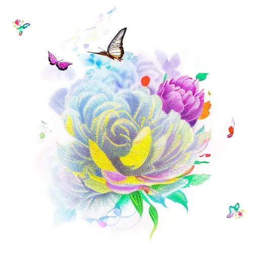 A vibrant peony flower blooming with musical notes and colorful butterflies tattoo design idea