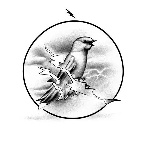 A yellow canary breaking free from a storm cloud with lightning bolts piercing through it tattoo design idea