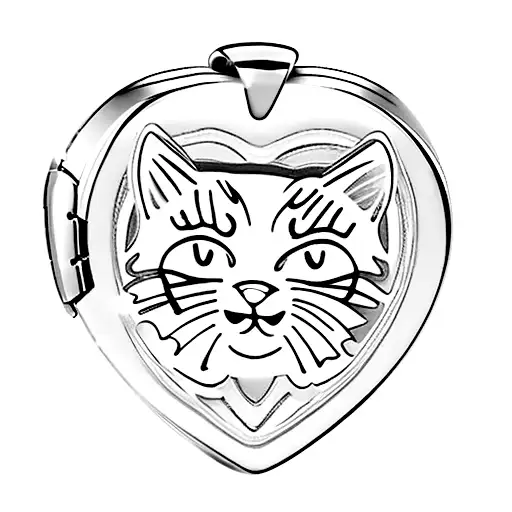 heart shaped locket charm opened up with a picture of a tabby cat's face in one side of it.  tattoo design idea
