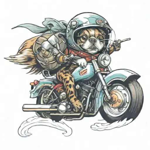 A realistic portrait of the client's favorite pet wearing a helmet and riding a motorcycle, with a subtle nod to 90s cartoons in the background tattoo design idea