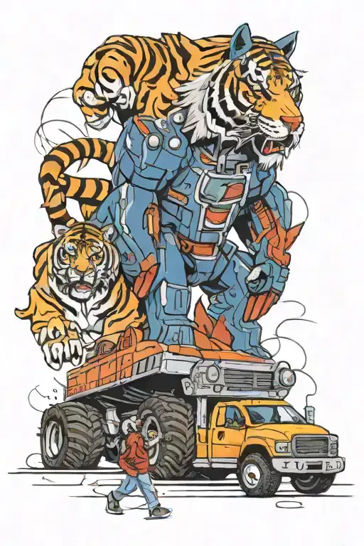 Optimus prime and a monster truck and Bengal tiger collage tattoo design idea