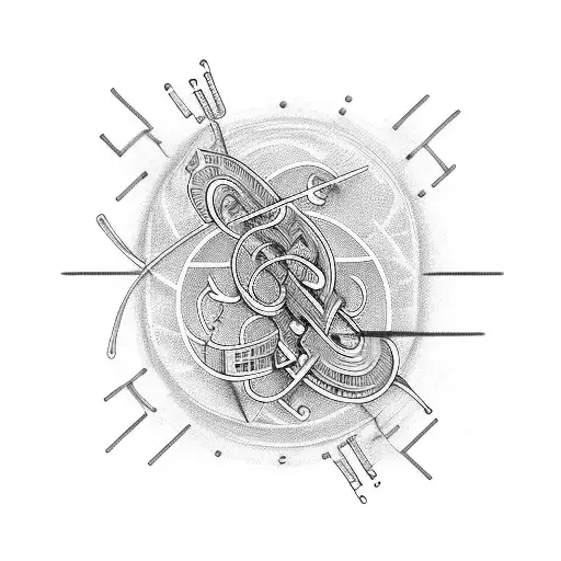 Musical notes intertwined with technological circuitry tattoo design idea