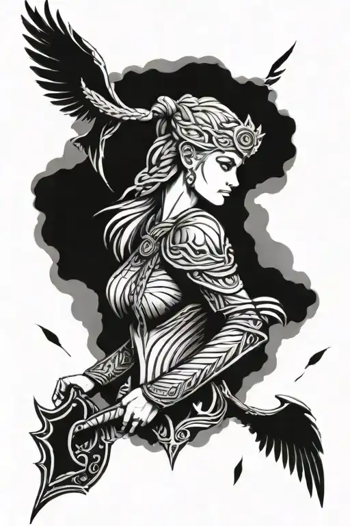 beautiful Valkyrie with braids tattoo design idea