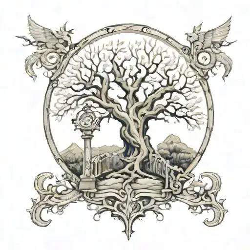 Tree on heaven gates tattoo design idea
