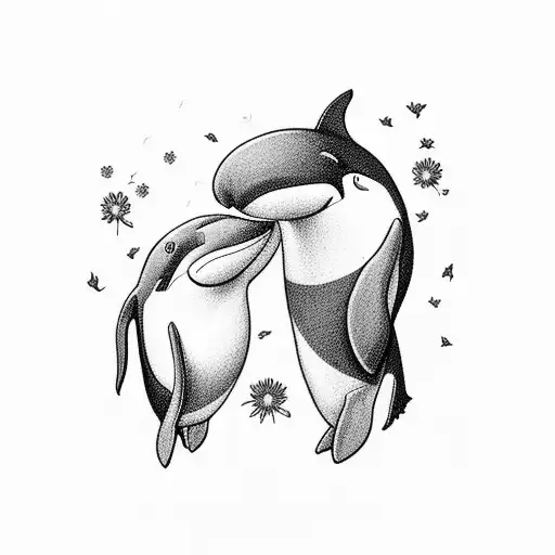 two orcas, mom and baby, with flowers on them tattoo design idea