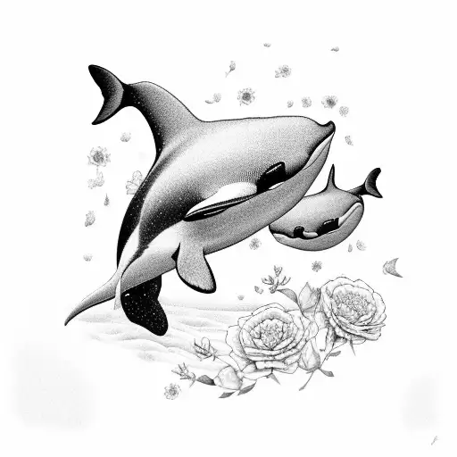 mom and baby orcas with flowers on them tattoo design idea